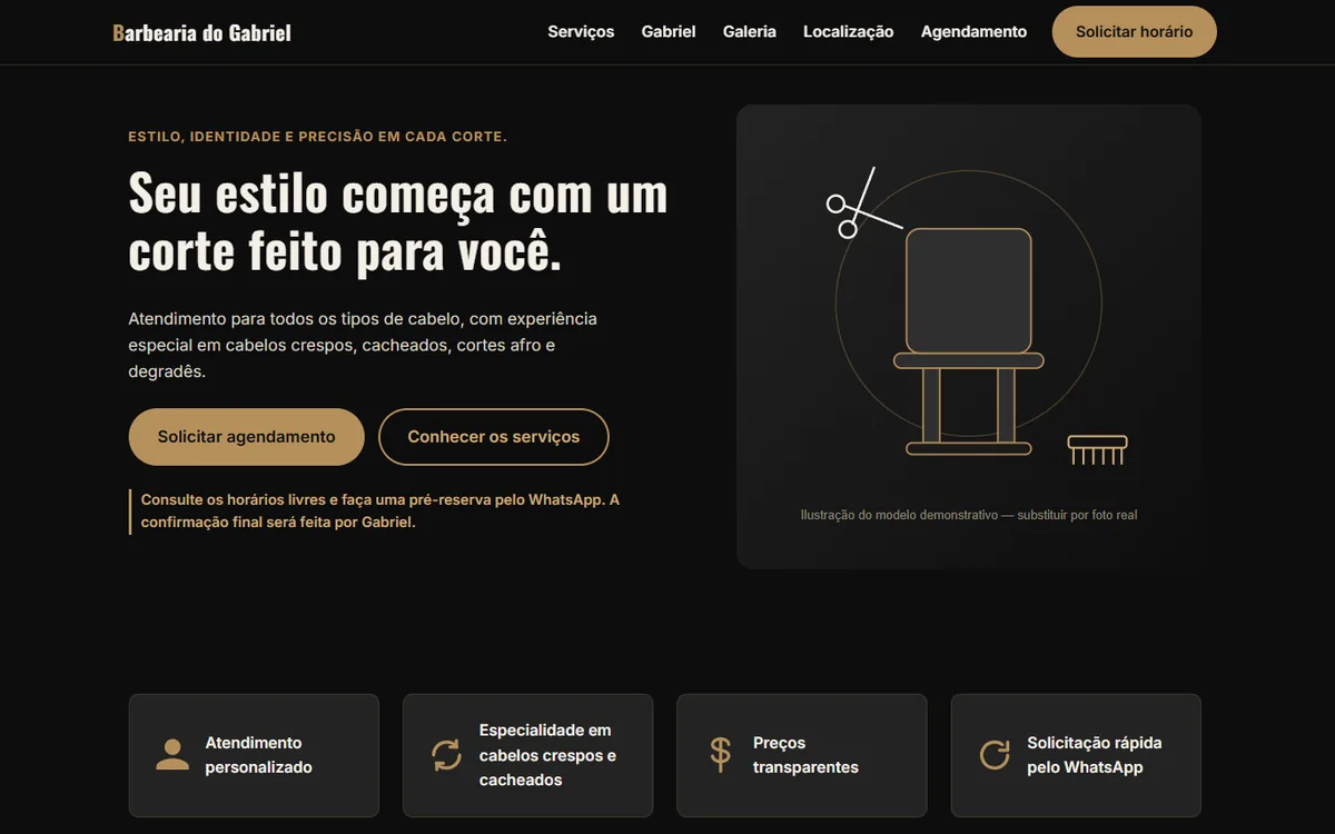 Tela do site da Barbearia Prime, com serviços, galeria e agendamento