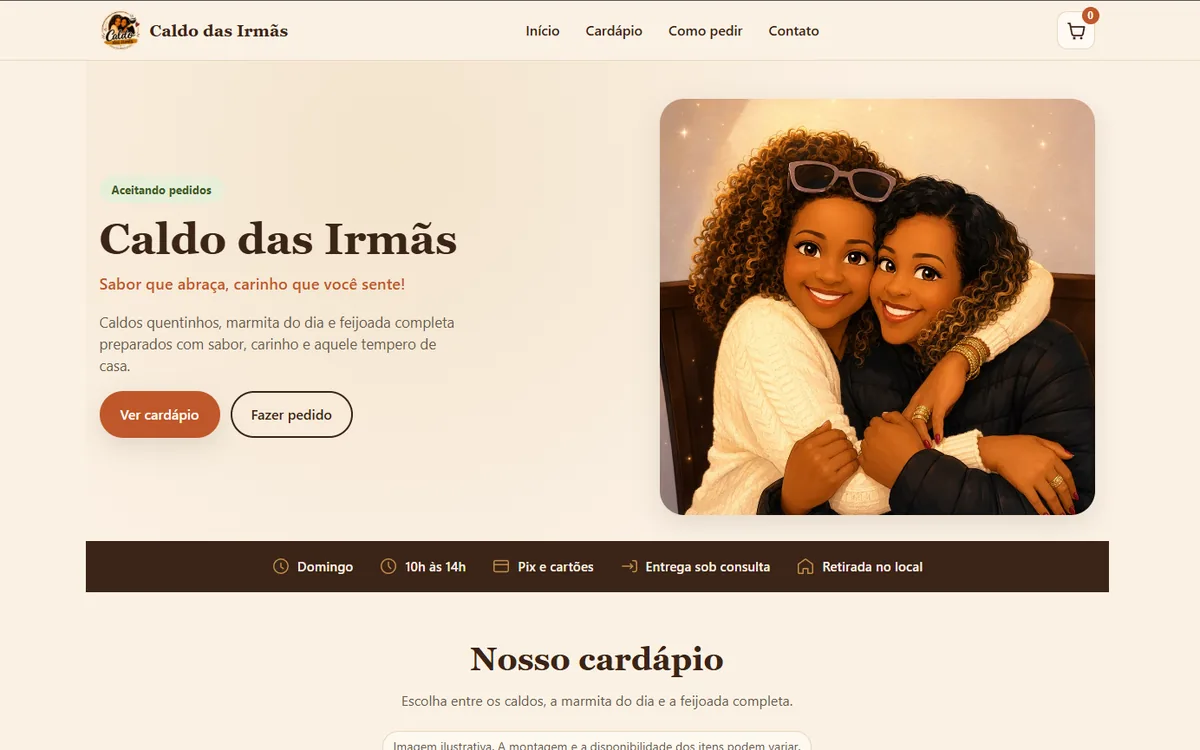 Tela do cardápio digital Caldos da Casa, com produtos, tamanhos e carrinho
