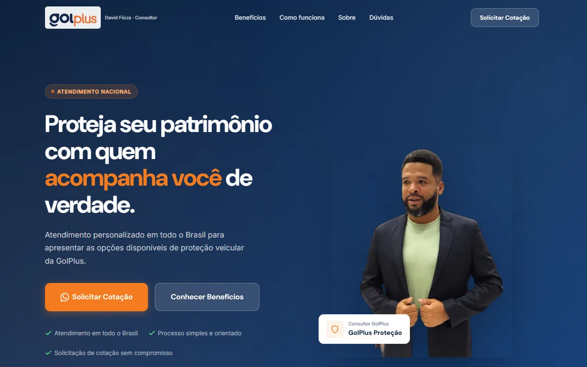 Tela do site profissional do Consultor de Seguros, com serviços e diferenciais
