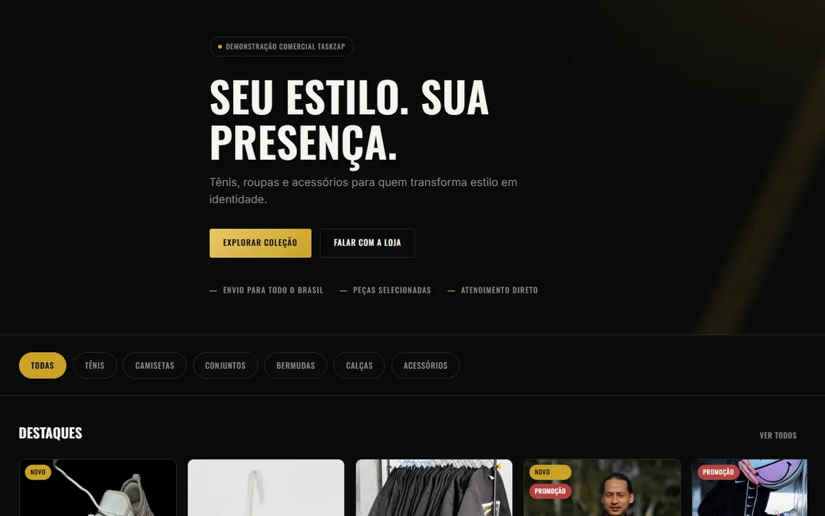 Tela da vitrine digital Max Outlet, com produtos, categorias e carrinho de compras